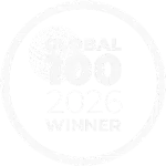 Circular award badge reading 'Global 100 2026 Winner' with a globe graphic