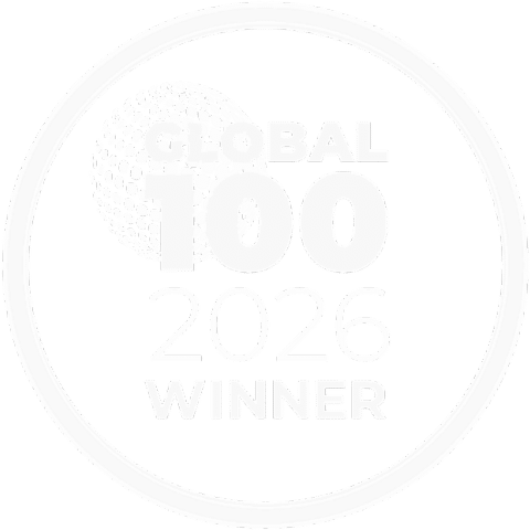 Circular award badge reading 'Global 100 2026 Winner' with a globe graphic