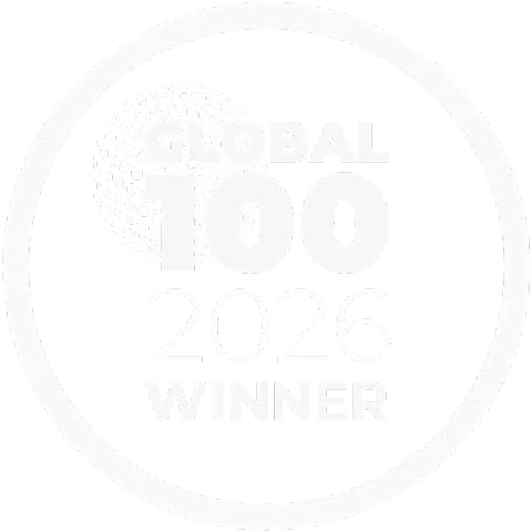 Circular award badge reading 'Global 100 2026 Winner' with a globe graphic